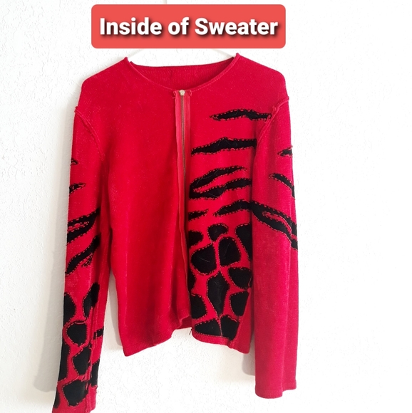 Vintage Red and Black Animal Print Cardigan - Size XL Full Zip Sweater - Picture 6 of 7